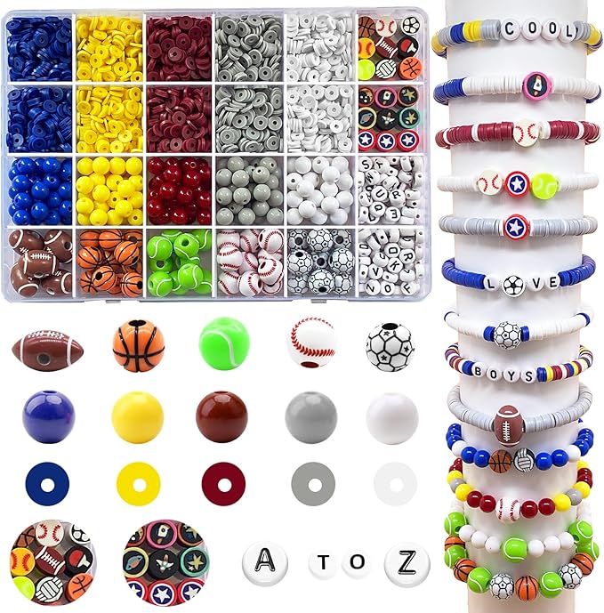 1888PCS Sports Ball Beads for Jewelry Making, Acrylic Clay Beads for Bracelets Volleyball Softball Football Baseball Basketball Soccer Bead with Letter Bead for DIY Crafts