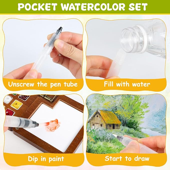 Mini Watercolor Paint Set, Pocket Watercolor Travel Set, Portable Travel Watercolor Palette Kit with Paint, Brush, Sketchbook, Copper Clip and Storage Bag for Beginners Artists Painting Enthusiasts