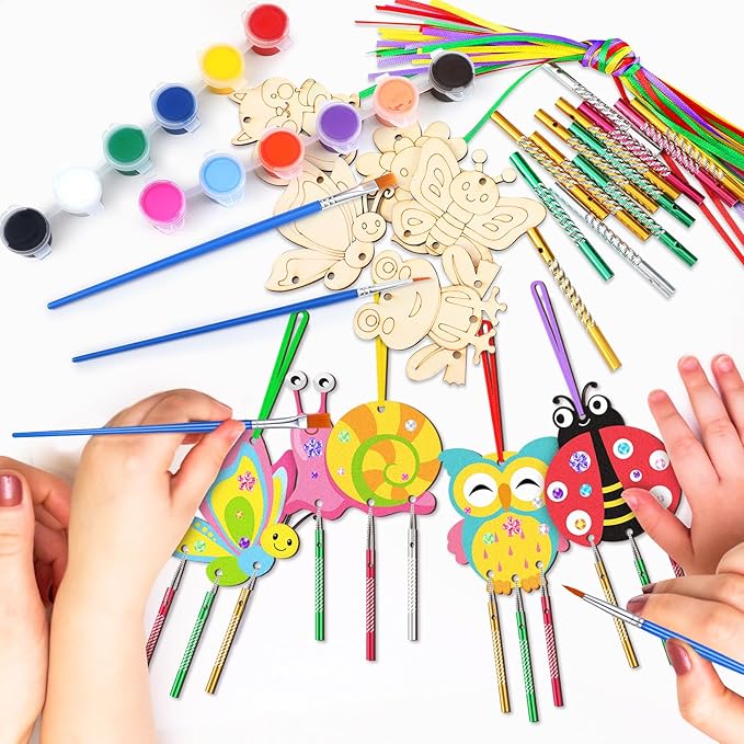 JellyArch 30 Pcs Spring Wind Chime Making Kit, DIY Wooden Spring Insect Craft Wind Chimes with Paint & Stickers, Craft Activity Creative for Church Party Windows Decoration