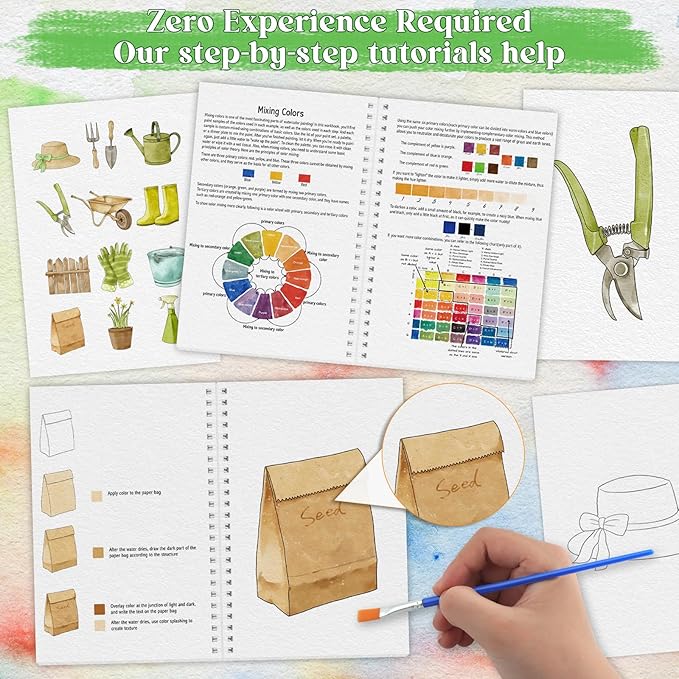 Beginners Watercolor Workbook for Adults -Step-by-Step Coloring Book Set-12 coloring book pages - Includes 16 color blocks and a brush - Professional Watercolor Paper: 300gsm/140lb (Garden)