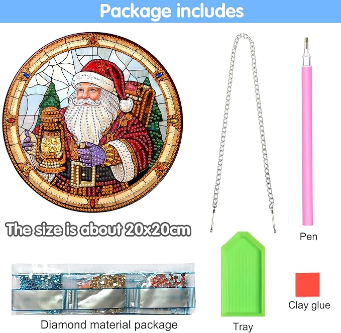 Reofrey Hanging Diamond Art Kits for Adults - 8x8 Inch Christmas Santa Claus Acrylic Board Double Sided Pattern Diamond Art Suncatcher Pendant, DIY Crystal Art for Home Wall or Window Decoration Gift