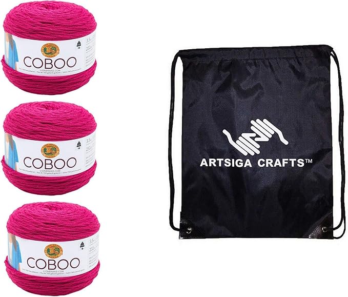 Lion Brand Coboo Magenta 835-144 (3-Skeins - Same Dye Lot) DK Light Worsted #3 Cotton, Bamboo Yarn for Crocheting and Knitting with Project Bag