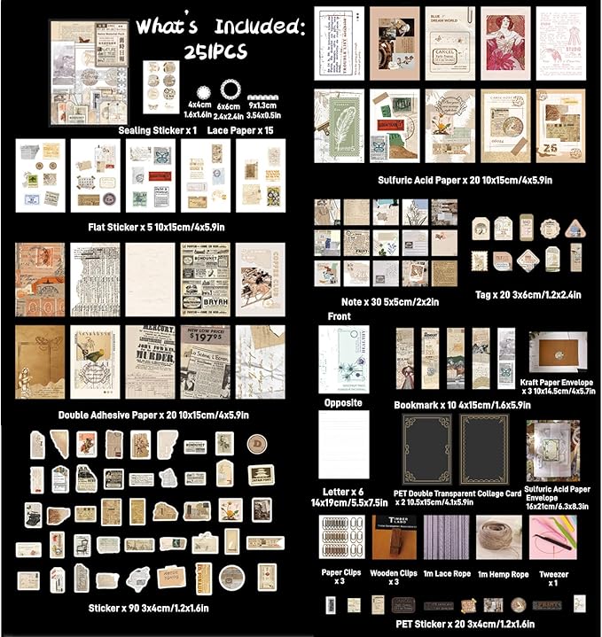Esweny 251PCS Vintage Scrapbook Supplies Pack, Scrapbooking Paper and Stickers Ephemera Bundle Junk Journal Kit for Art Aesthetic Journaling Collage Decoupage Craft (Old Times Daily)