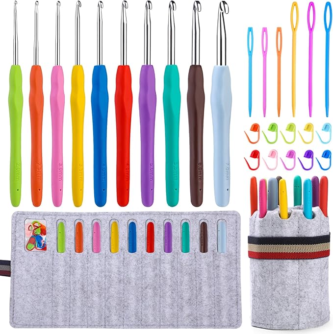 Kogyxe Crochet Hooks Set, 10 Sizes Ergonomic Crochet Hooks with Roll Felt Bag for Beginners, Ergonomic Handles for Arthritic Hands for Crocheting Yarn