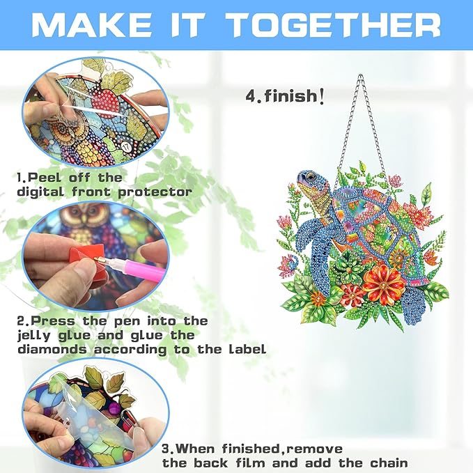 VAIIEYO Turtle Diamond Art Hanging Ornament, Flower Diamond Painting Suncatchers Window Hanging Kit with Chain, 7.5x7.5 inch Crystal Pendant Art Craft for Gift Home Wall Front Door Decoration