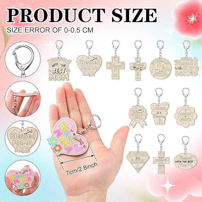 Trnayi 36 Pcs Mother's Day Crafts Color Your Own Religious Mother's Day Keychains DIY Unfinished Wooden Blessed Mom Keychains for Mom Sunday School Christian Party Home Activities Gifts