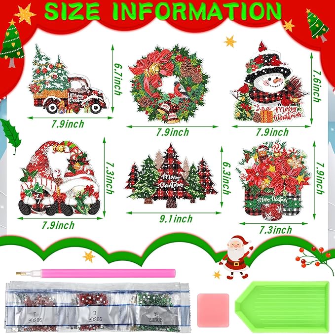 Zonon 6 Pcs Christmas Diamond Painting Hanging Sign Set 5D Gnome Snowman Diamond Art Set for Adults DIY Art Pendant Ornaments Kits Acrylic Christmas Tree Wreath Truck for Wall Window Decor