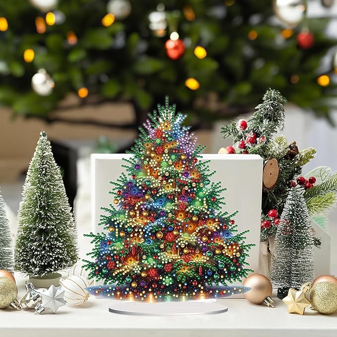 Christmas DIY Diamond Desktop Ornament, Double Sided Special Shaped Diamonds Art Kits, 5D Tabletop Ornaments for Adult Beginner Home Office Decor Crafts Gift (Christmas Tree)