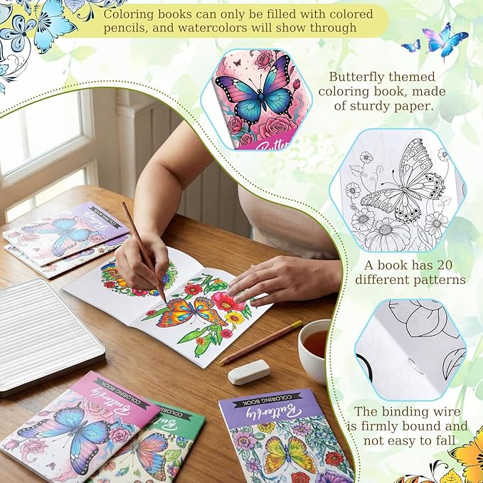 Liliful 144 Pcs Butterfly-Themed Coloring Book Bulk for Adults Mini Butterfly Theme Drawing Book with Garden Flower Insect Patterns Party Favors Goodie Bag Filler and Holiday Gifts