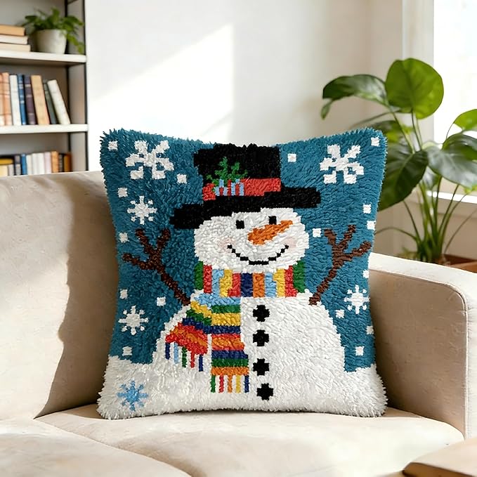 Cozykeke Snowman Latch Hook Kit,DIY Pillow Cover Cushion Craft Kits with Pre-Printed Canvas for Adults and Beginners, Suitable for Home Decor and Festival Gift 17 * 17in (BX51)