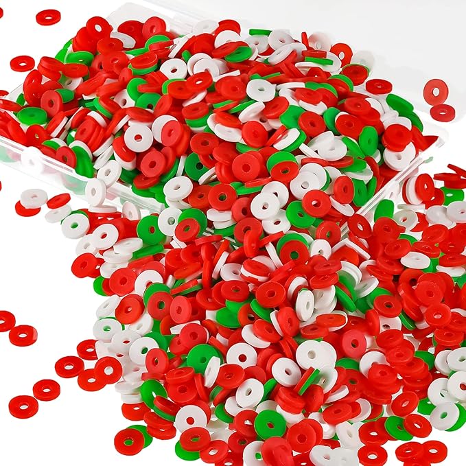 Batiyeer 3000 Pcs Christmas Fall Halloween Clay Beads Set 6 mm Patriotic 4th of July Spacer Beads Winter Polymer Clay Bead for Necklace Earring Bracelet Making(Red, Green, White)