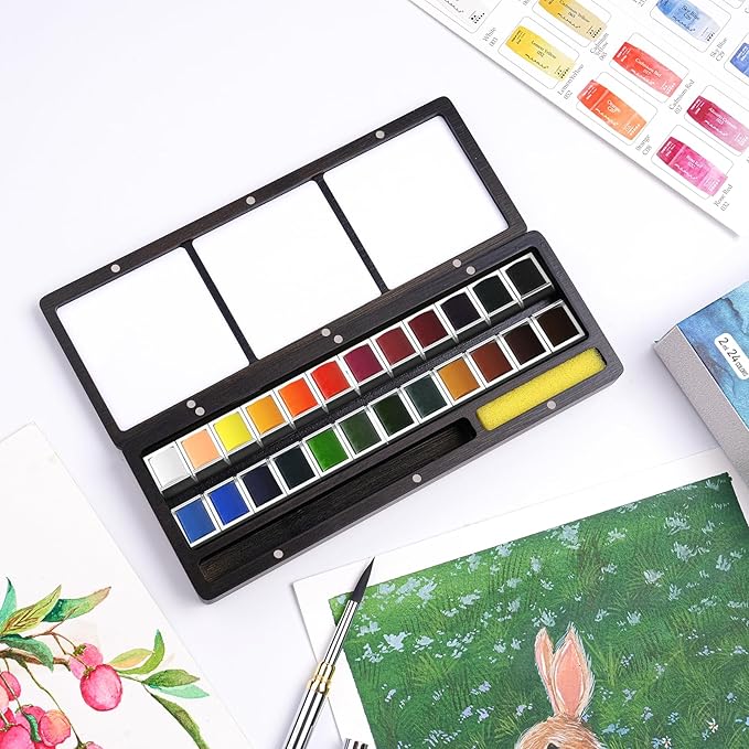 Fuumuui Watercolor Paint Set, 24 Watercolor Paints with Dual Tip Travel Watercolor Brushes Wooden Palette, Art Supplies for Painting, Travel Watercolor Set, Amateur Hobbyists