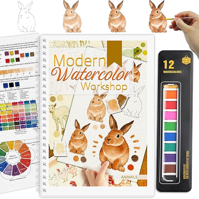 Watercolor Workbook, Watercolor Workbook Paint Book Beginner Friendly with 12 Patterns, Beginner-Friendly Watercolor Workbooks with 12 Paint Colors & Brush, Water Color Paint Set, Valentine's Day Gift