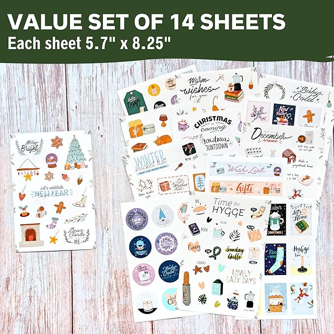 Merry Christmas Stickers - 14 Sheets of Seasonal Winter, Hygge and Holiday Planner for Journaling, Scrapbooking, Greeting Cards, Crafts, Gift Wrap - Aesthetic for Kids and Adults