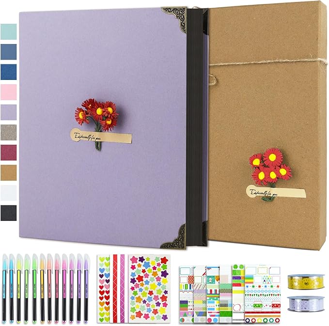Vienrose DIY Scrapbook Photo Album Kit with Pens Tapes and Stickers 60 Pages Hardcover 8.5x11 Inches 3 Rings Removable Black Paper Scrapbooking for Lover Friends Kids Wedding Purple