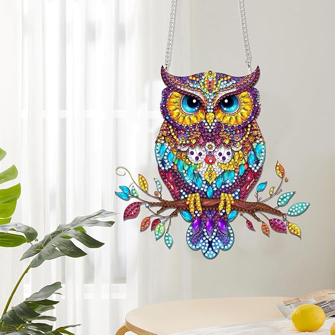 Reofrey Hanging Diamond Art Kits for Adults - 8x8 Inch Owl Animal Acrylic Board Double Sided Pattern Diamond Painting Suncatcher Pendant, Crystal Art for Home Wall or Window Decoration Handmade Gift