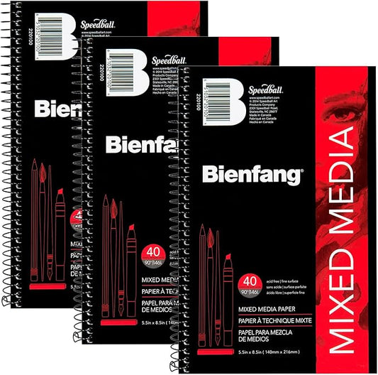 Bienfang Mixed Media Pad, 5.5x8.5 Inches (3-Pack) 40-Sheets Artist Paper, Spiral-Bound Sketchbook, 90lb,146gsm