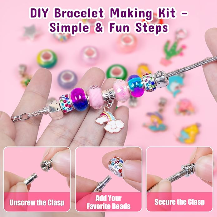 Beads Jewelry Making Kit – Charm Bracelet & Necklace DIY Set with Pearl, Shell & Pony Beads, Creative Arts and Crafts Gift for Birthday