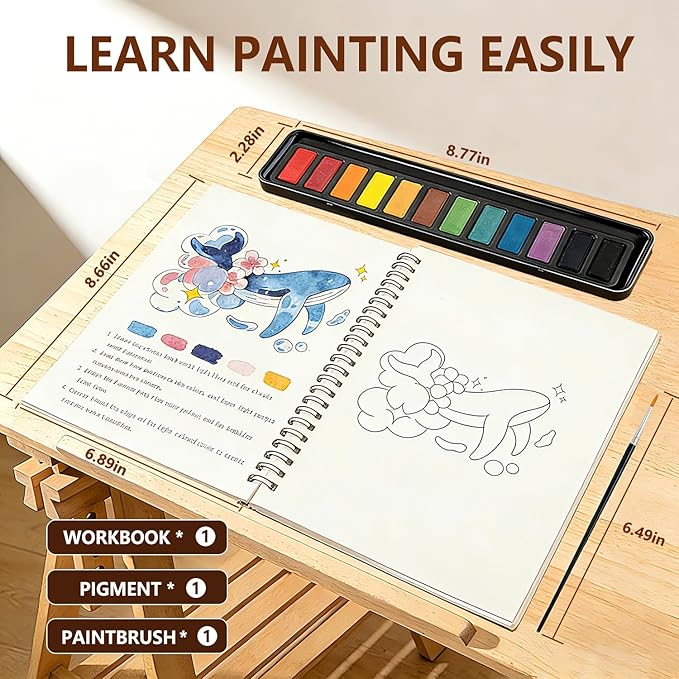 Watercolor Workbook for Beginners - Complete Watercolor Painting Kit with 12 Color Paint Set & Brush | Step-by-Step Art Book for Adults, Hobby Gift for Friends