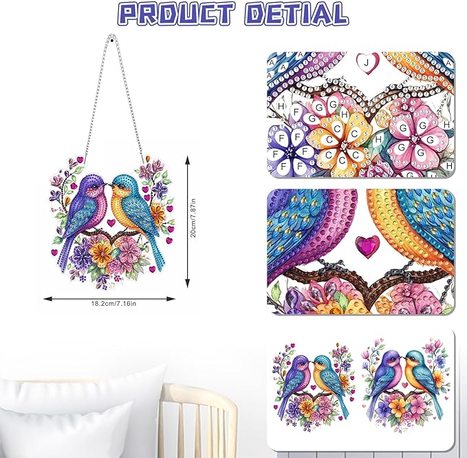KEYIFA Birds Diamond Painting Kit, DIY Flower Diamond Art for Adults, Diamonds Pendant Special Shaped Rhinestone Window Hanging Ornaments Home Garden Wall Door Decoration, 20cm Width