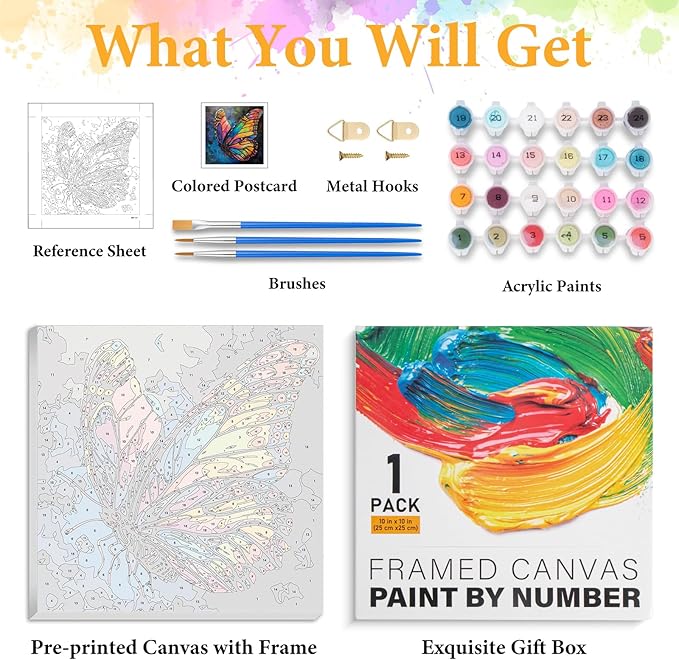 Framed Paint by Numbers Kit for Adults Beginner Butterfly, Adult Paint by Number Kits on Canvas Framed, DIY Acrylic Oil Painting by Numbers with Frame, Butterfly for Home Decor Gift 10 X 10 Inch