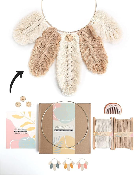 DIY Macrame Kit, Feather Dream Catcher Wall Hanging Kits for Teens & Adult Beginners, Craft Supplies for Boho Art Project-Macrame Cord, Gold Hoop, Accessories & Instructions (Khaki)