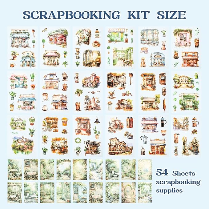 RISYPISY 54 Sheet Scrapbooks Supplies Kit, Precut PET/Washi Stickers, Street Landscape Junk Journal Sticker for Adult Planner DIY Crafts Decorative Paper for Scrapbooking