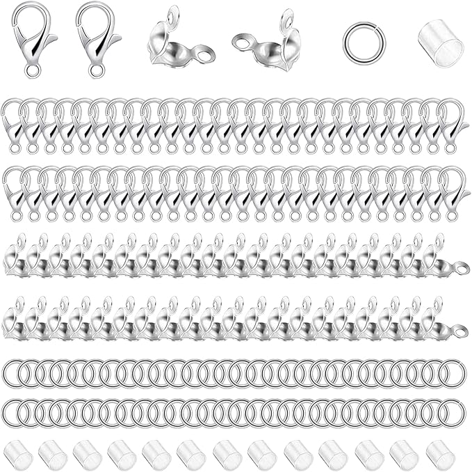 700pcs Jewelry Making Accessories Set with 100 Lobster Claw Clasp 200 Bead Tips Knot Covers 200 Crimp Tube Beads and 200 Open Jump Ring Connectors for DIY Jewelry Bracelets Necklaces（Silver）