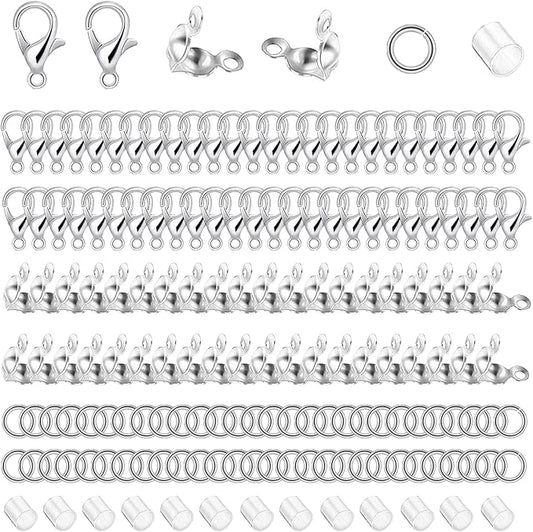 700pcs Jewelry Making Accessories Set with 100 Lobster Claw Clasp 200 Bead Tips Knot Covers 200 Crimp Tube Beads and 200 Open Jump Ring Connectors for DIY Jewelry Bracelets Necklaces（Silver）