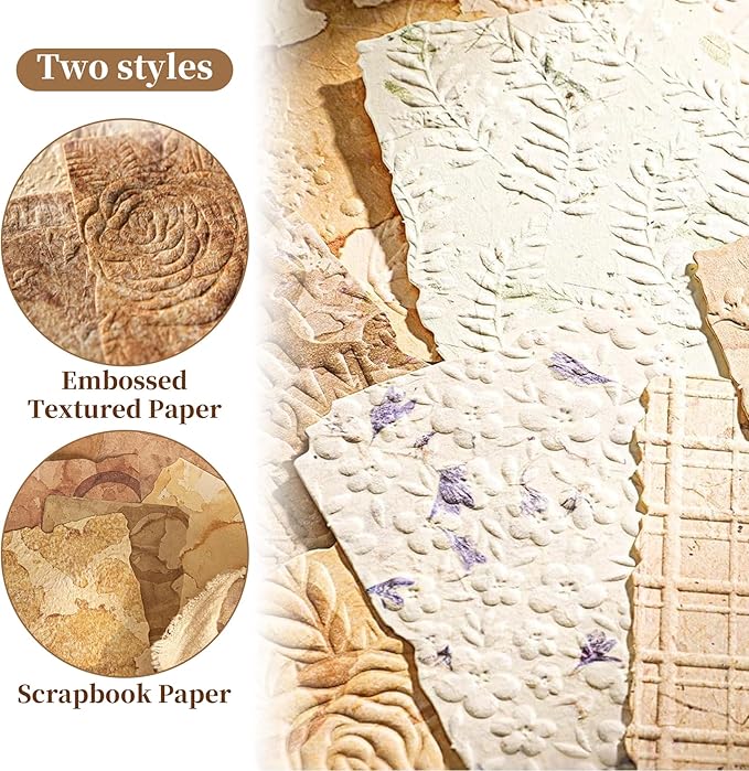 168 Pcs Textured Vintage Scrapbook Paper Kit with Washi Tape & Double Sided Tape, 6 Themes Junk Journal Supplies for Scrapbooking, Card Making, Collage Crafts