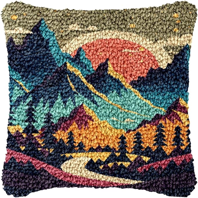 Landscape of Sunset Mountain Tree Latch Hook Pillow Kit for Adults with Printed Canvas Crochet Yarn DIY Throw Pillow Cover Needle Craft Handmade Cushion for Home Sofa Decor 43x43cm(2)
