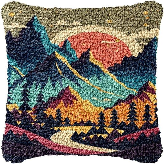 Landscape of Sunset Mountain Tree Latch Hook Pillow Kit for Adults with Printed Canvas Crochet Yarn DIY Throw Pillow Cover Needle Craft Handmade Cushion for Home Sofa Decor 43x43cm(2)