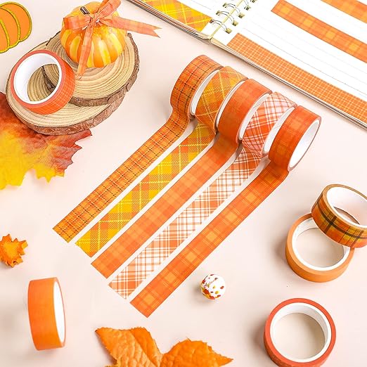 Whaline 12 Rolls Fall Plaid Washi Tapes Orange Red Buffalo Plaid Decorative Tape Autumn Solid Color Polka Dots Patterned Masking Tape for Fall Scrapbook Journal DIY Craft Gift Wrapping, 0.6Inch