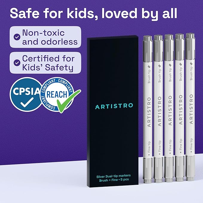 ARTISTRO 5 Silver Acrylic Paint Markers - Paint Pens for Drawing, Brush + Fine Tips - For Fabric, Rock, Glass, Wood, DIY, Eggs - Art & Craft Supplies for Adults, Teens, Kids - Easter Basket Stuffers