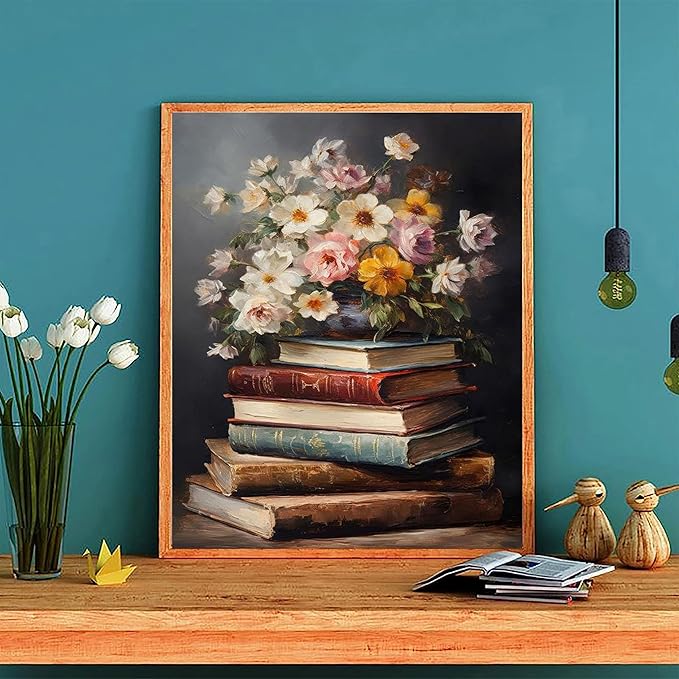 Book Paint by Numbers for Adults with Framed Canvas - with Wooden Easel, Paint by Number on Canvas Flowers, Acrylic Vintage Oil Painting Kit with Brushes Nice Gift Box for Home Wall Decor (12x16 inch)