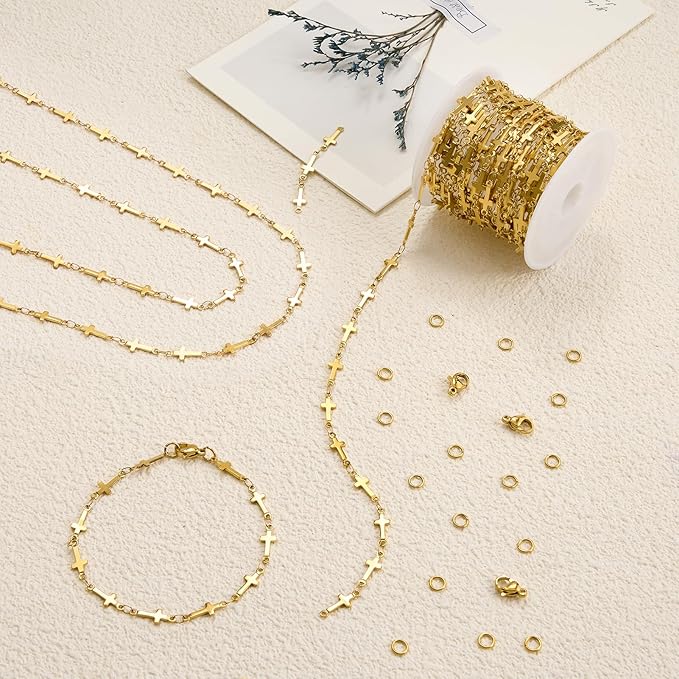 YOUBEIYEE 13 Feet Gold Plated Cross Chain for Jewelry Making Stainless Steel Bar Link Chains Bulk on Spool with Jump Rings Lobster Clasps