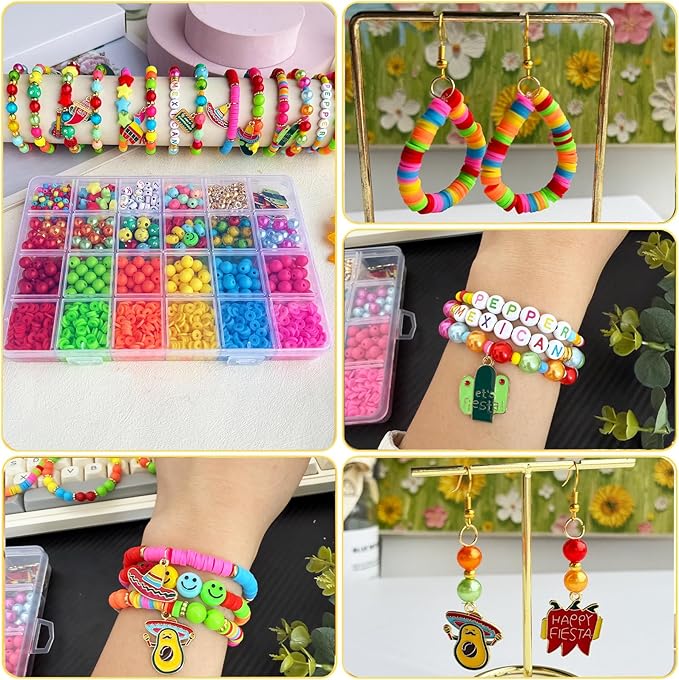 2200PCS+ Cinco De Mayo Fiesta Beads Mexican Beads for Bracelets Jewelry Making Kit, Colorful Polymer Clay Beads Assorted Pearl Crystal Acrylic Star Beads with Sombrero Chili Cactus Fiesta Charms
