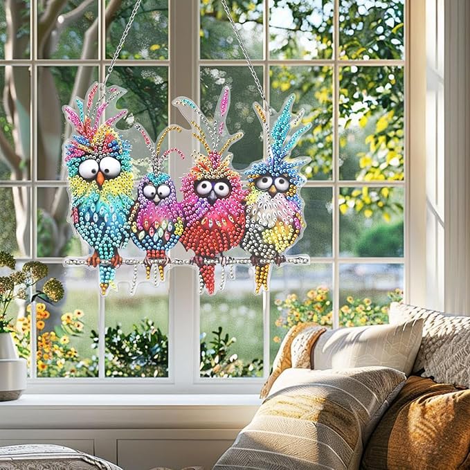 MUNORIAY Diamond Art Hanging Kit for Adult,DIY Acrylic Double Sided Bird Diamond Art Painting Window Suncatchers Pendants,Diamond Hanging Kit Crystal Gem Art Craft for Home Garden Wall Decor