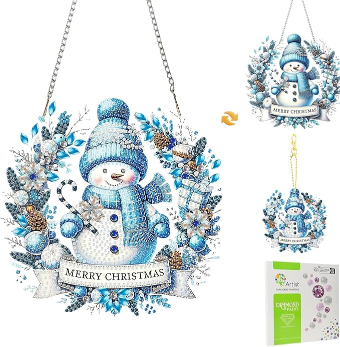Masendp Adult Diamond Art Hanging Double Sided Kit, Special Shape Rhinestones, DIY Acrylic 5D Diamond Art Painting Window Pendant Home Garden Wall Mounting Kit Hanging Ornament. (Blue Snowman)