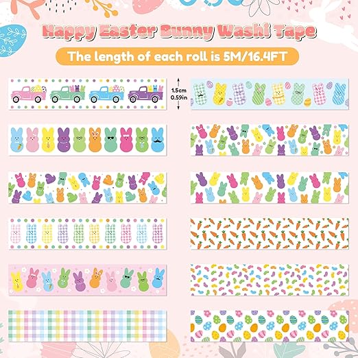 Easter Bunny Washi Tape - 12 Rolls Rabbit Dressed Scrapbook Washi Colored Masking Adhesive Decorative Tape Set School Office Teacher DIY Craft Scrapbooking Junk Journal Journaling Supplies