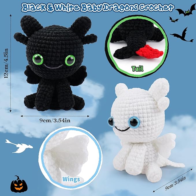 Dragon Crochet Kit for Beginners, 2PCS Black and White Dragon Crochet Animal Kit with Step-by-Step Video Tutorials, Stuffed Animal Crocheting Kits, Birthday Crochet Starter Kit for Adults