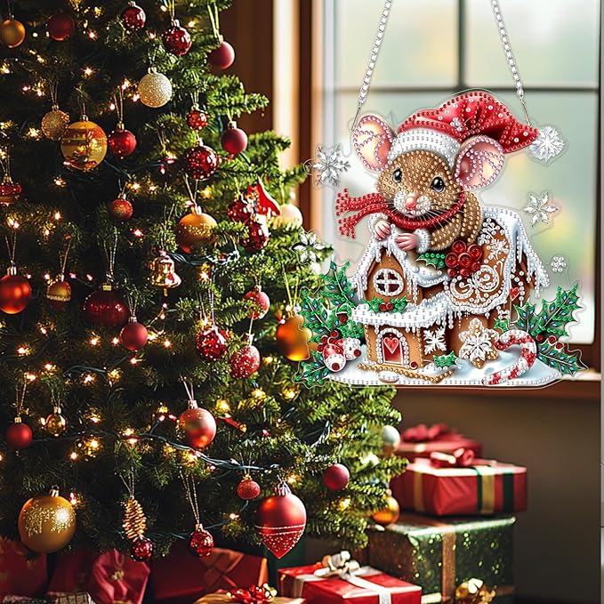 SENQAO Mouse Diamond Art Hanging Kits for Adults Kids, Christmas Diamond Art Suncatchers, 5D Special Shape Diamond Painting Pendant Window Ornament Gifts for Home Garden Door Wall Decor