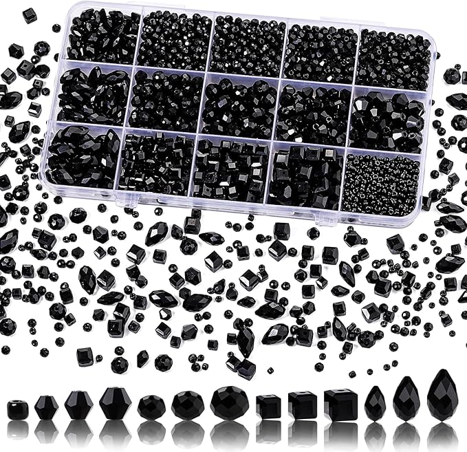 Song Xi 1500PCS Glass Beads for Jewelry Making, Assorted Faceted Crystal Beads Kit for Bracelet Earring Necklace, for DIY Clear and Iridescent Christmas Gift (Black) ﻿ ﻿
