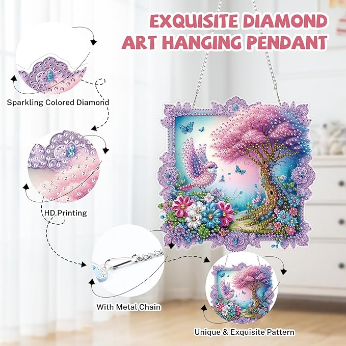 Bowetile Birds Diamond Art Hanging Kits for Adults, Diamond Art Suncatchers Forest, 5D Special Shape Diamond Painting Flowers Pendant Window Ornament Gifts for Home Wall Door Garden Decor