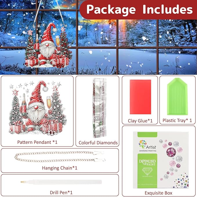 Genius maker Christmas Gnome Diamond Art Hanging Kits for Adults, Diamond Painting Pendant Kit, DIY Acrylic 5D Special Shaped Crystal Diamonds Gem Art Painting Ornament for Home Wall Decor Gift