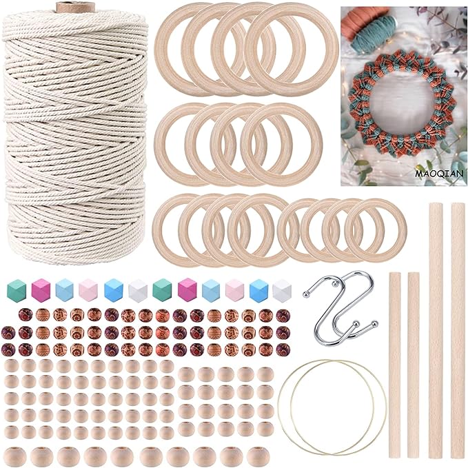 169pcs macrame kits for beginners 3mm x 220yards natural cotton macrame cord wall hanging kit, best macrame supplies for macrame plant hanger with wooden beads,wooden rings,wooden sticks,s hooks