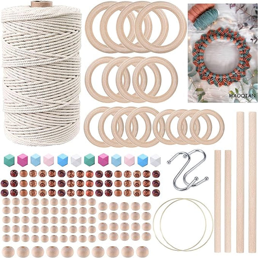 169pcs macrame kits for beginners 3mm x 220yards natural cotton macrame cord wall hanging kit, best macrame supplies for macrame plant hanger with wooden beads,wooden rings,wooden sticks,s hooks