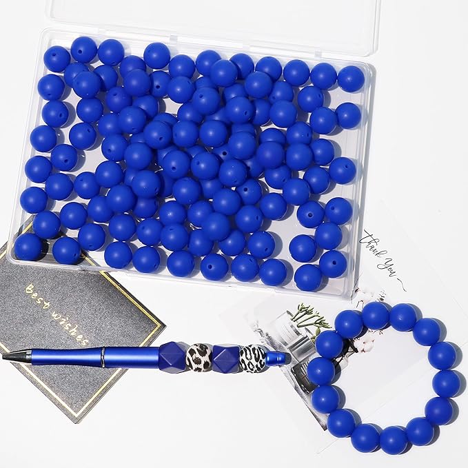 120pcs 15mm Bulk Silicone Beads for Pens, Keychains, Necklaces and Bracelets Making,Assorted Rubber Beads Set (Sapphire Blue)
