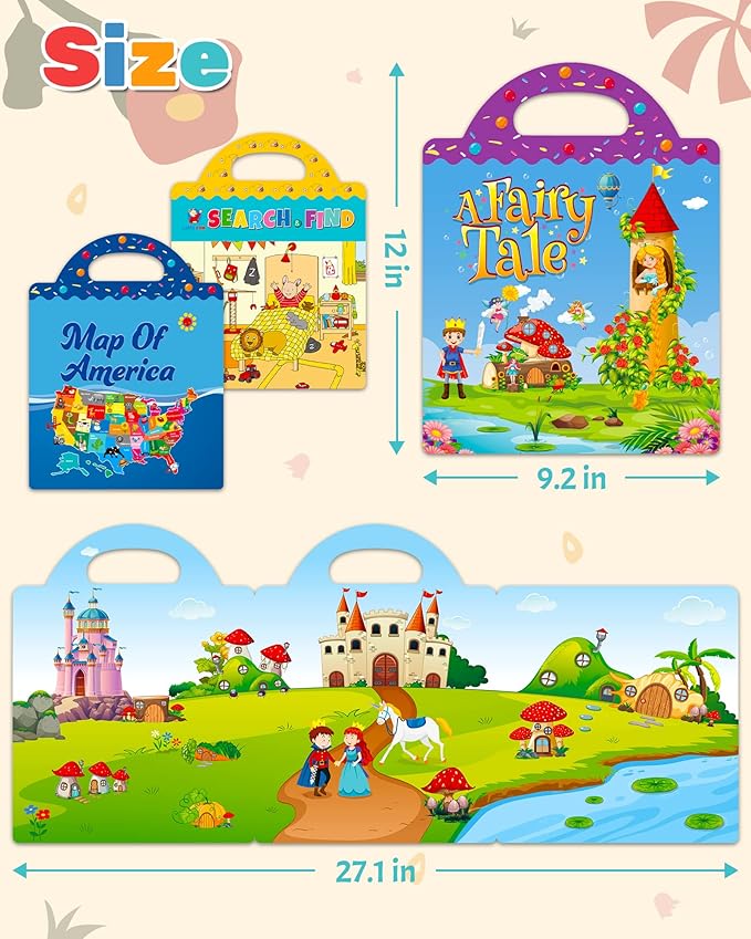 benresive reusable sticker books for kids, sticker books for toddlers, toddler travel toys activities crafts ages 3 and up birthday gifts - america map, fairy, my house
