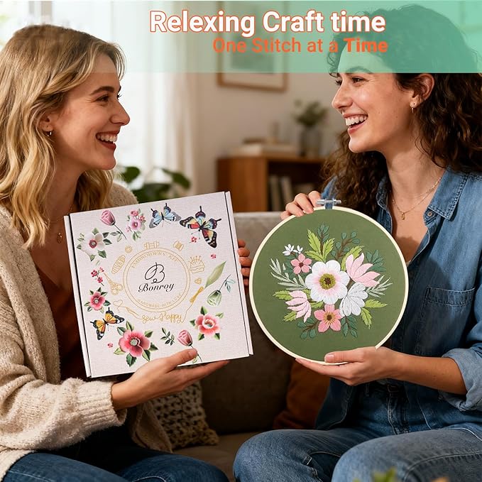 bonroy 4 sets embroidery set for beginners, art craft, easy sewing embroidery kit includes embroidered clothes with patterns, embroidery hoops, instruction manual, color stitch set (3)